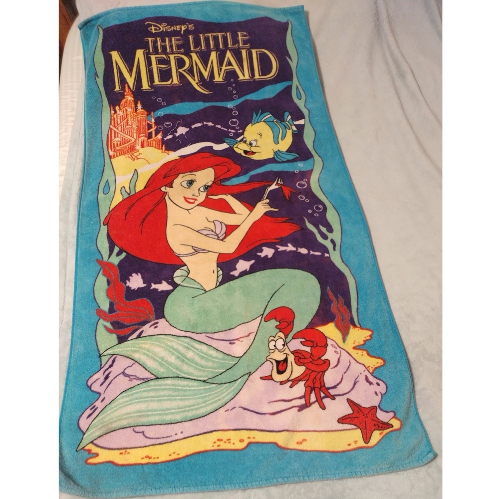 Vintage Franco Disney The Little Mermaid Beach Towel 28x54 Blue Ariel Flounder